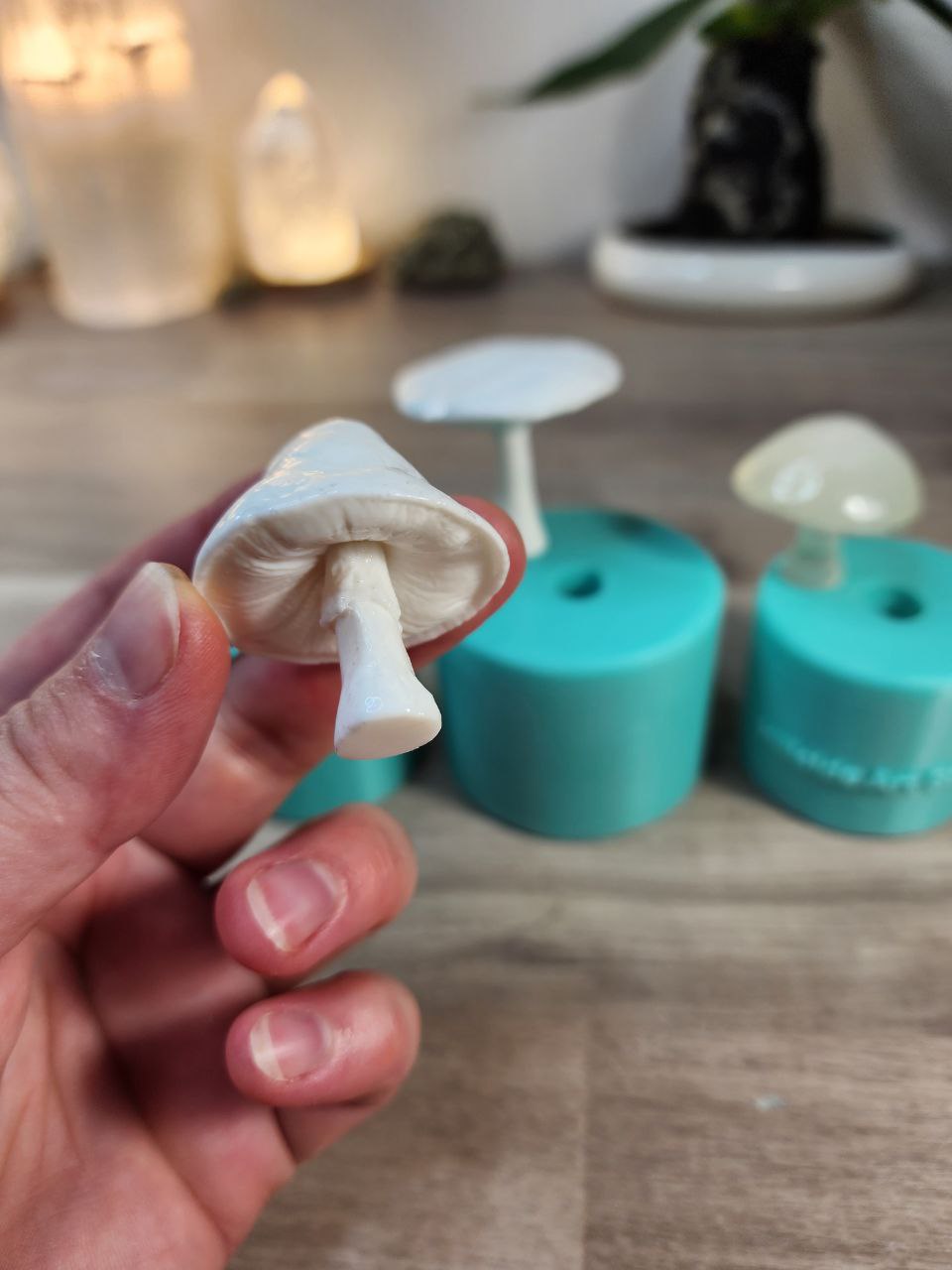 Mushroom Silicone Mould. Glossy finish with unique underside gills & texture. Easy removal. Key ring, pendants, fairy gardens.