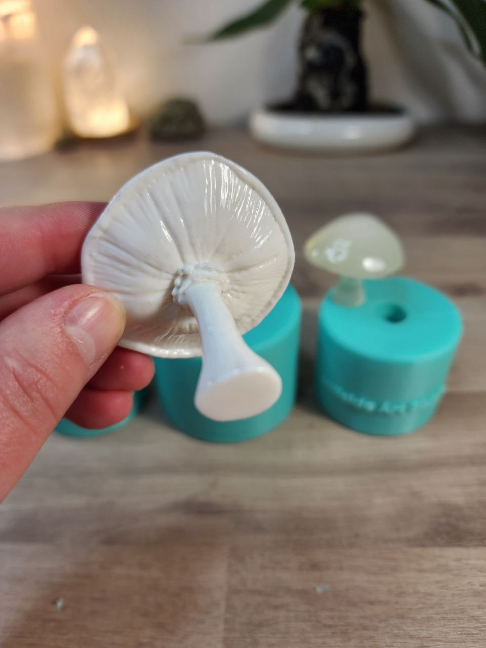 Mushroom Silicone Mould. Glossy finish with unique underside gills & texture. Easy removal. Key ring, pendants, fairy gardens.