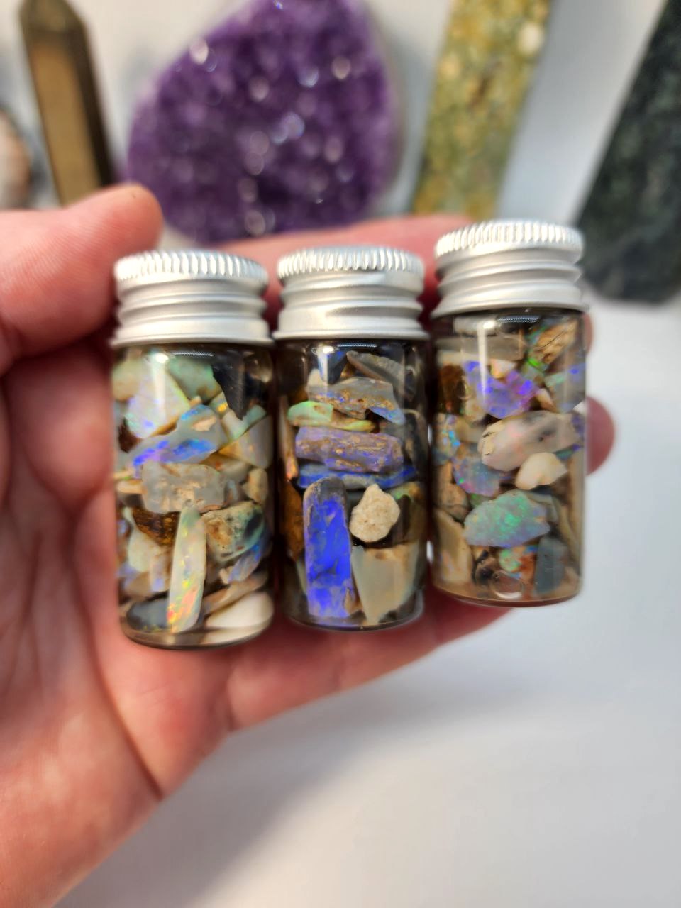 Raw Australian Opal Chips - 10 ml or 5 ml glass vial. Mix in resin and make jewellery. Make raw wire wrapped pendants, or cut, sand and polish for high end jewellery.