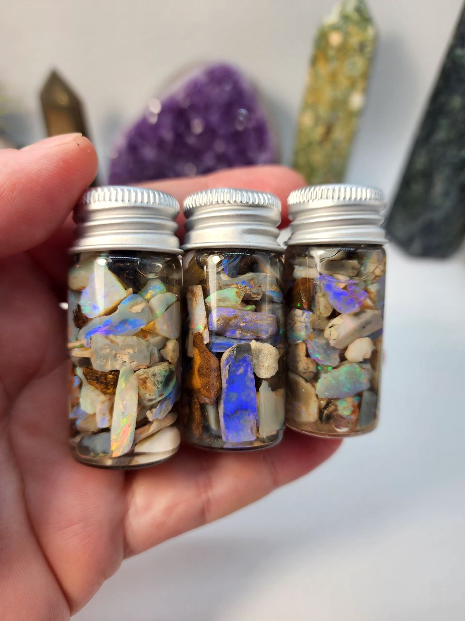 Raw Australian Opal Chips - 10 ml or 5 ml glass vial. Mix in resin and make jewellery. Make raw wire wrapped pendants, or cut, sand and polish for high end jewellery.