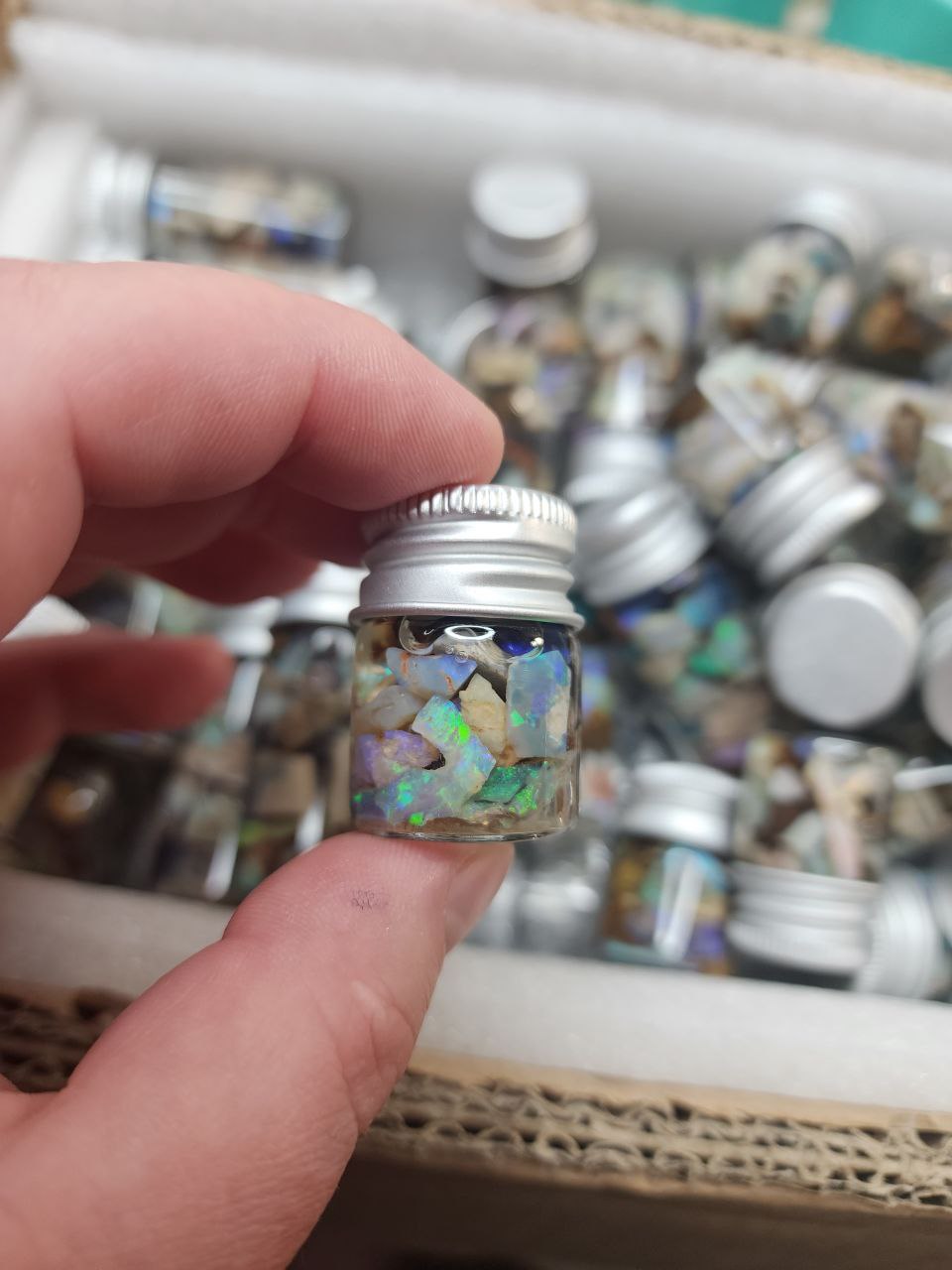 Raw Australian Opal Chips - 10 ml or 5 ml glass vial. Mix in resin and make jewellery. Make raw wire wrapped pendants, or cut, sand and polish for high end jewellery.