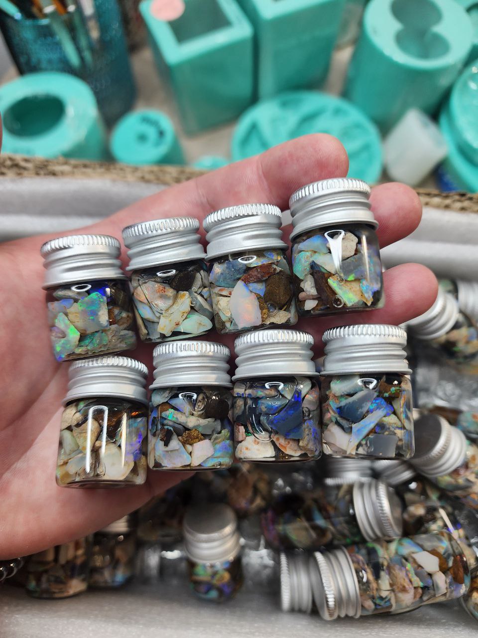 Raw Australian Opal Chips - 10 ml or 5 ml glass vial. Mix in resin and make jewellery. Make raw wire wrapped pendants, or cut, sand and polish for high end jewellery.