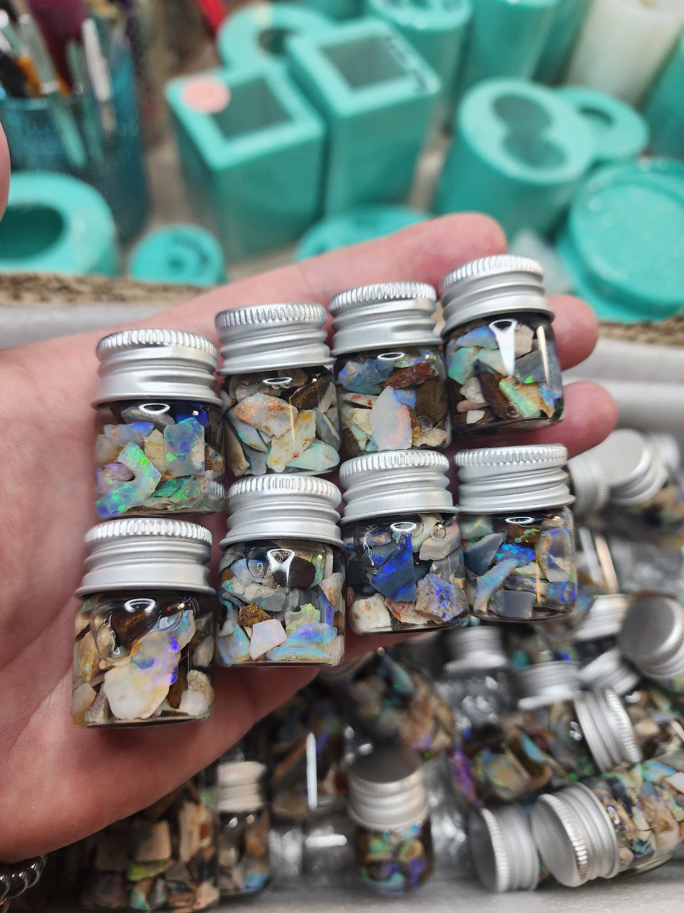 Raw Australian Opal Chips - 10 ml or 5 ml glass vial. Mix in resin and make jewellery. Make raw wire wrapped pendants, or cut, sand and polish for high end jewellery.