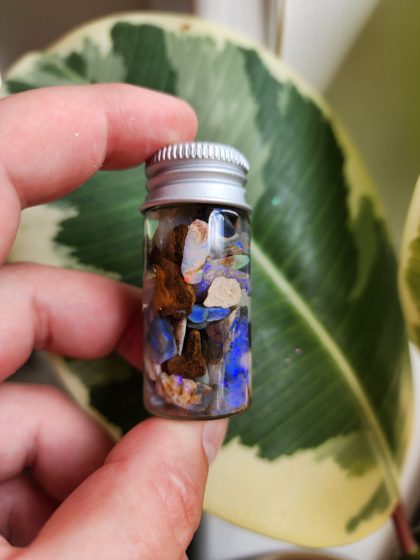 Raw Australian Opal Chips - 10 ml or 5 ml glass vial. Mix in resin and make jewellery. Make raw wire wrapped pendants, or cut, sand and polish for high end jewellery.