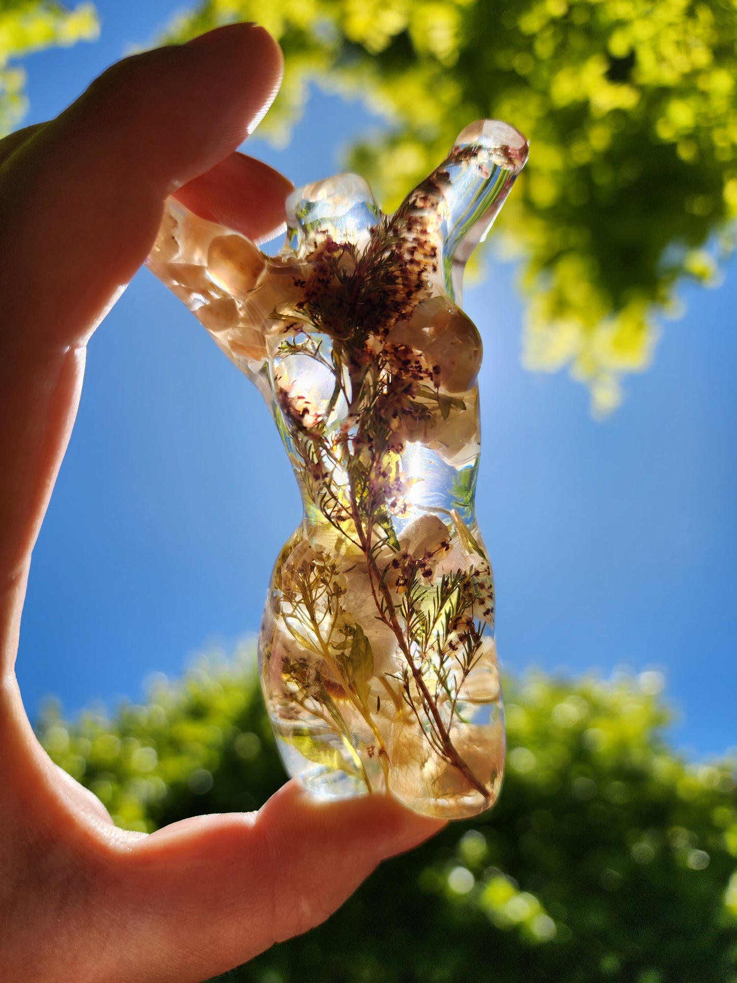 Pastel tone botanical and rose quartz and sunstone moonstone premade resin goddess.