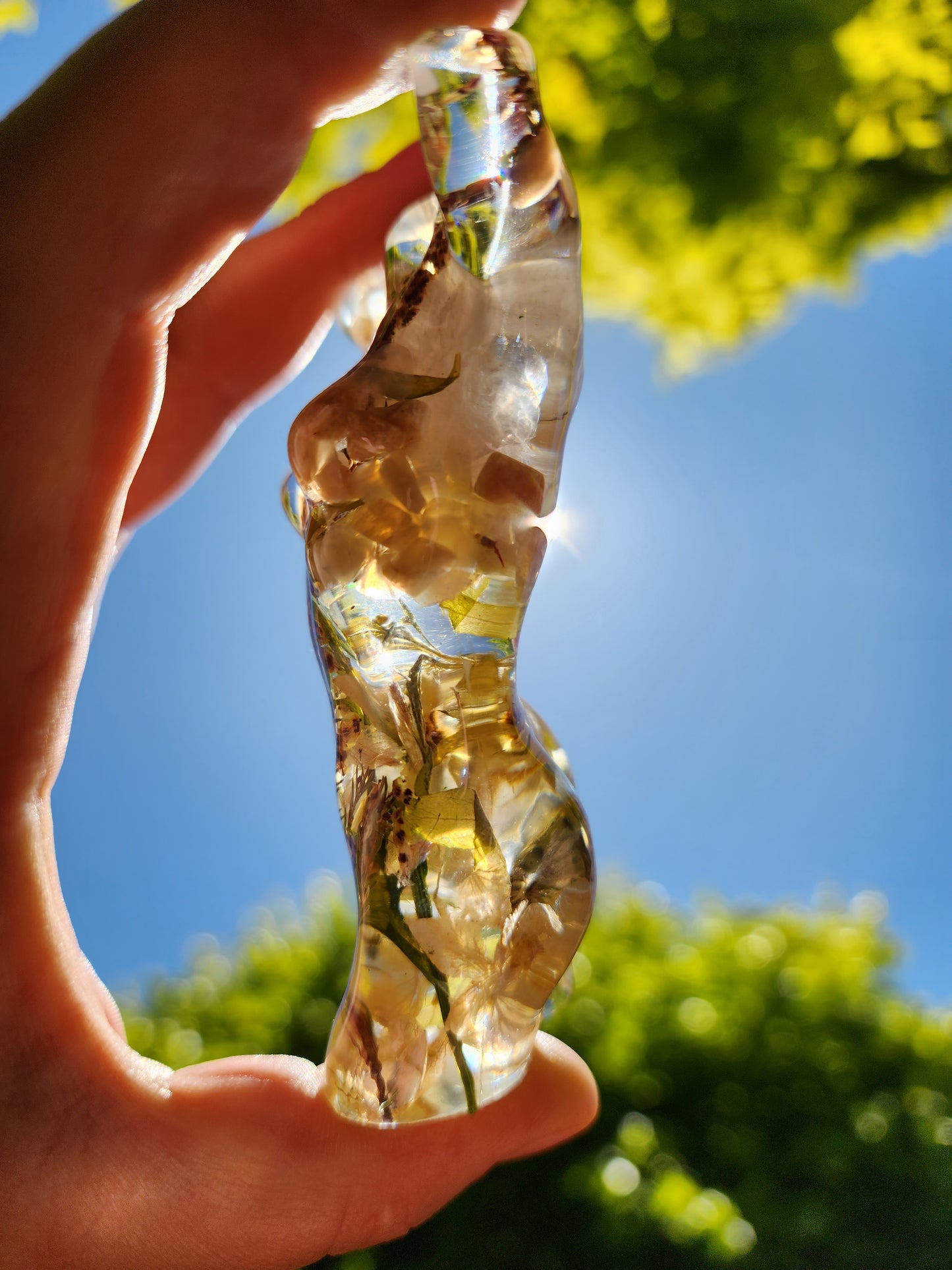 Pastel tone botanical and rose quartz and sunstone moonstone premade resin goddess.