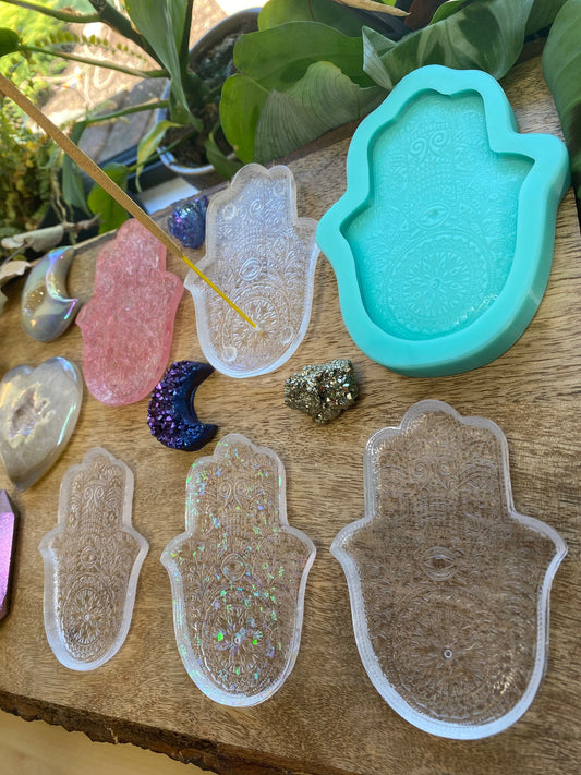 Handmade Silicone Mould Mandala pattern Hamsa Hand with protection eye. Shallow Trinket Dish/Incense Holder