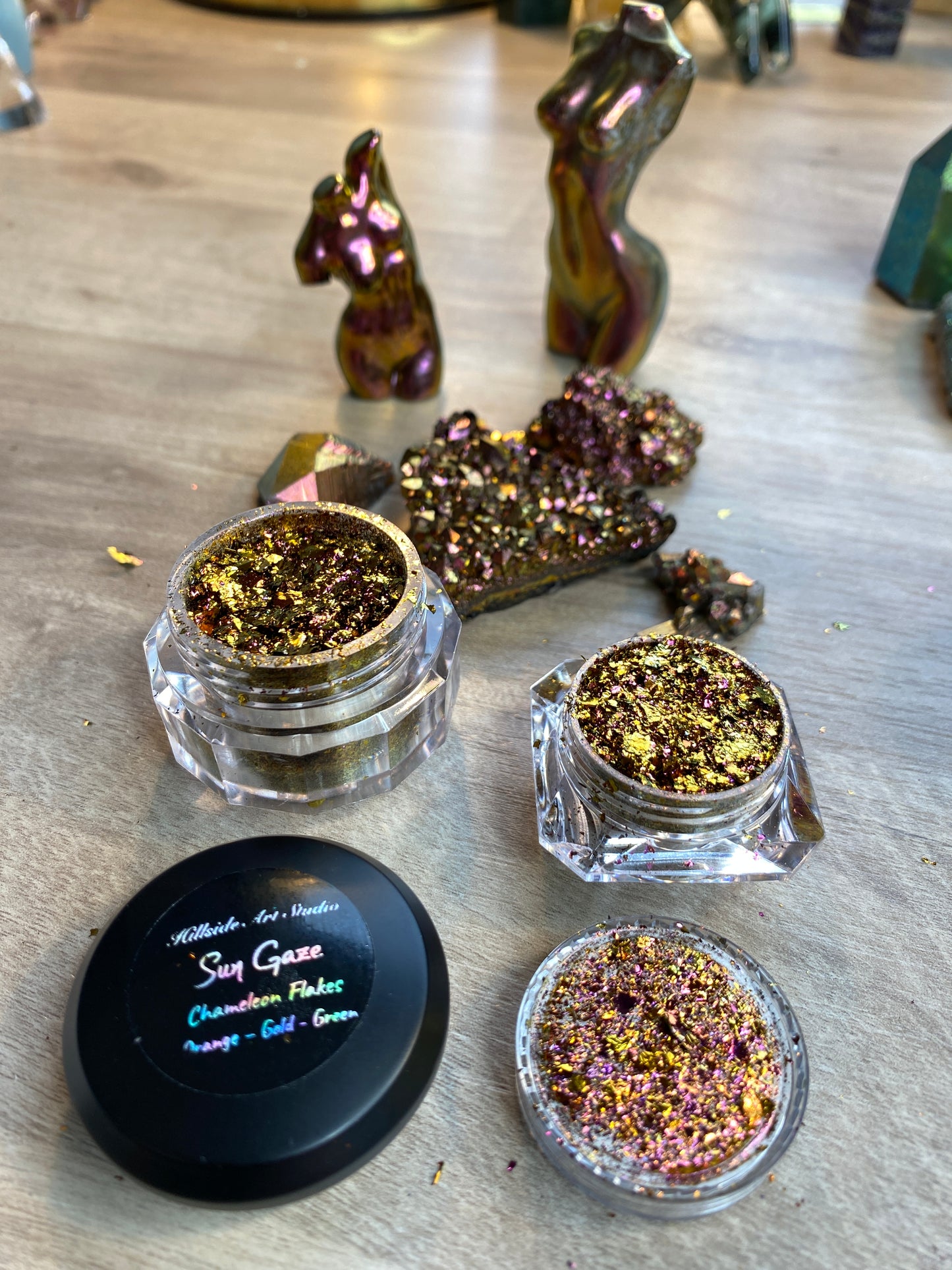 'Sun Gaze' Chameleon Colour Shifting Flakes. Lilac - gold - green. 0.65g, 0.4g, 0.1g. Skin Safe, Resin Art, Nail Art