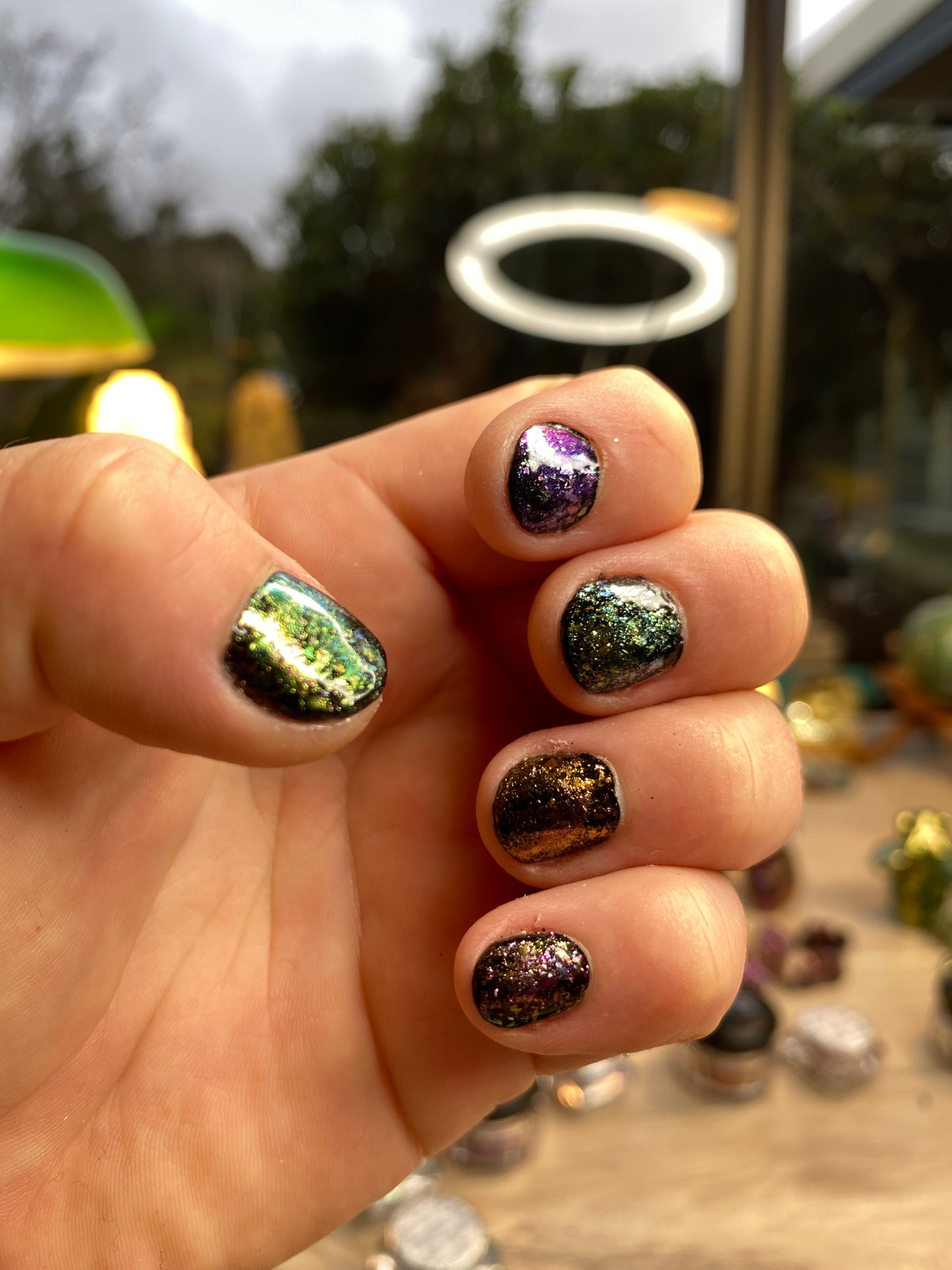 'Sun Gaze' Chameleon Colour Shifting Flakes. Lilac - gold - green. 0.65g, 0.4g, 0.1g. Skin Safe, Resin Art, Nail Art