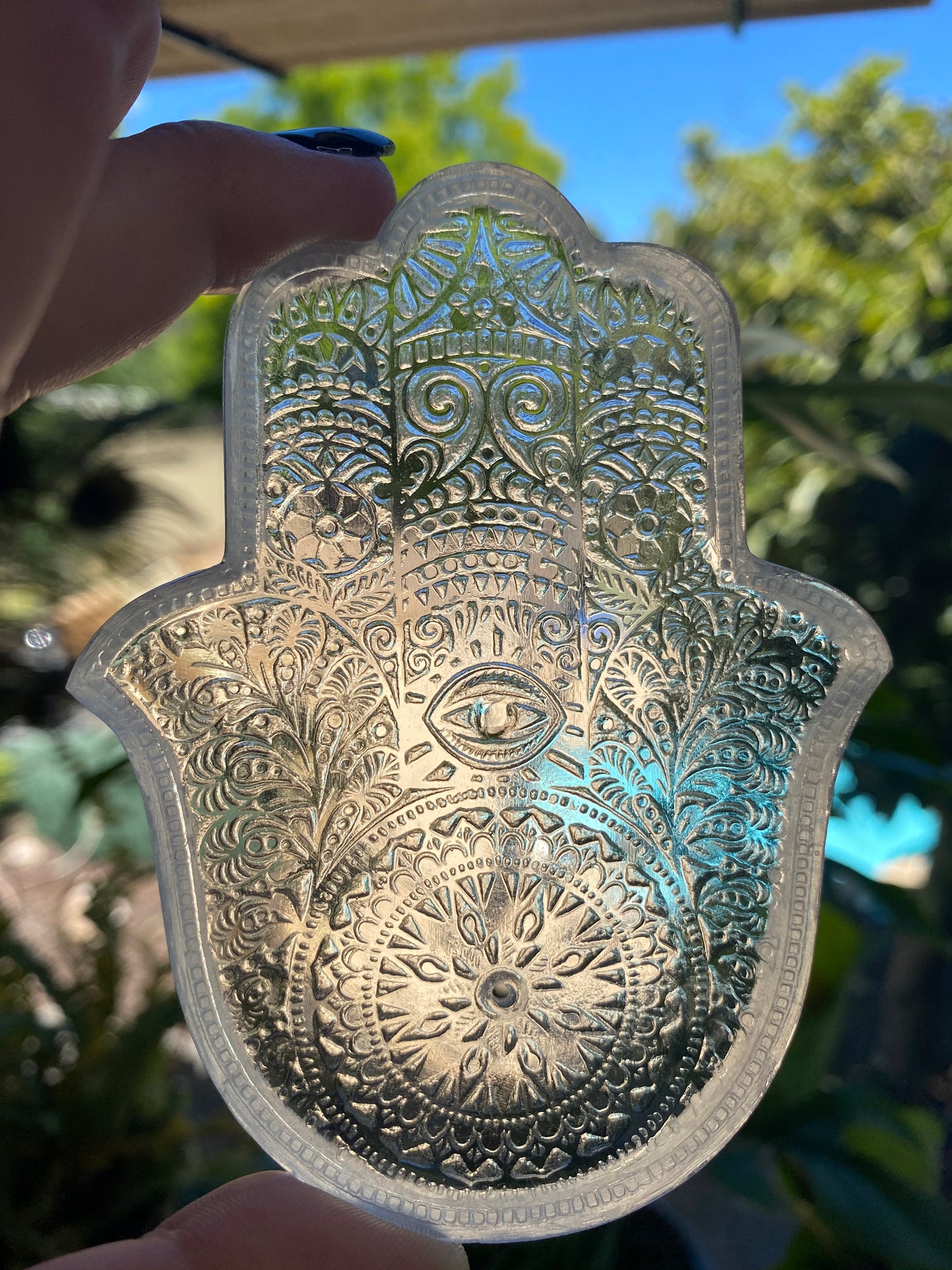Handmade Silicone Mould Mandala pattern Hamsa Hand with protection eye. Shallow Trinket Dish/Incense Holder