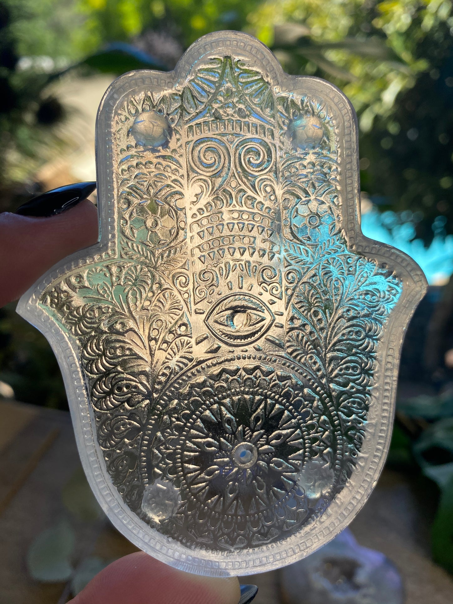 Handmade Silicone Mould Mandala pattern Hamsa Hand with protection eye. Shallow Trinket Dish/Incense Holder