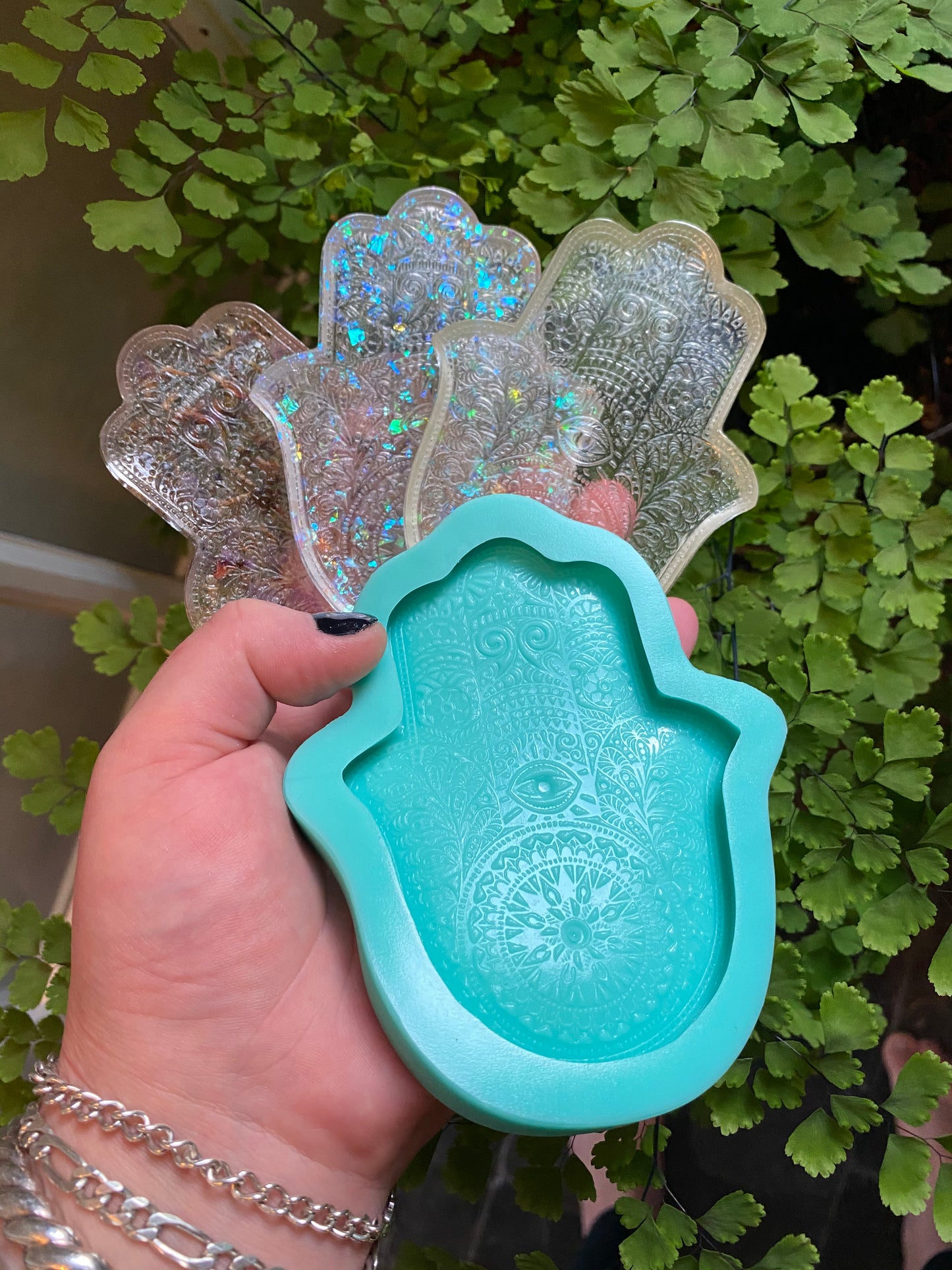 Handmade Silicone Mould Mandala pattern Hamsa Hand with protection eye. Shallow Trinket Dish/Incense Holder