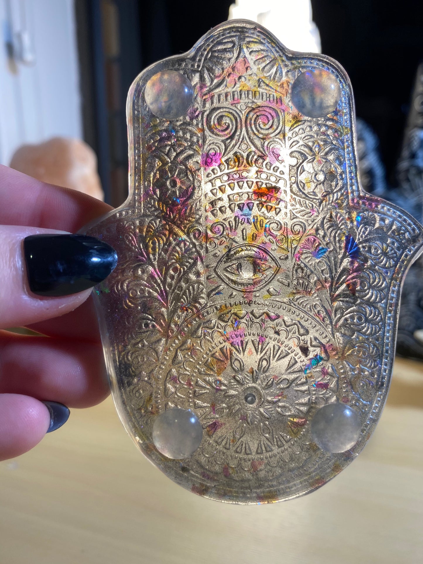 Handmade Silicone Mould Mandala pattern Hamsa Hand with protection eye. Shallow Trinket Dish/Incense Holder