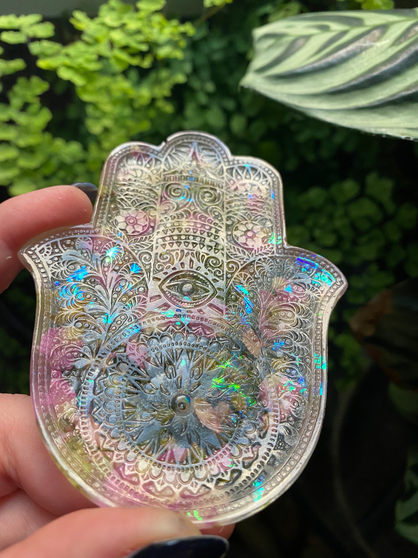 Handmade Silicone Mould Mandala pattern Hamsa Hand with protection eye. Shallow Trinket Dish/Incense Holder