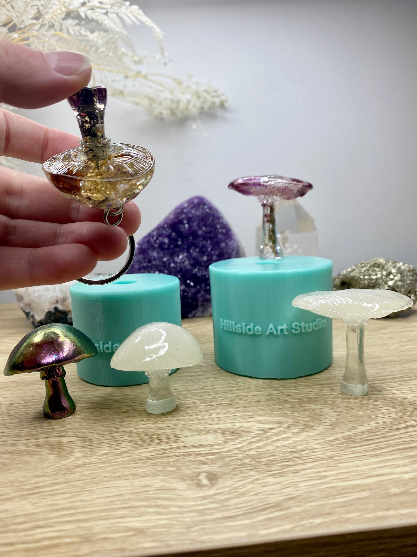 Mushroom Silicone Mould. Glossy finish with unique underside gills & texture. Easy removal. Key ring, pendants, fairy gardens.