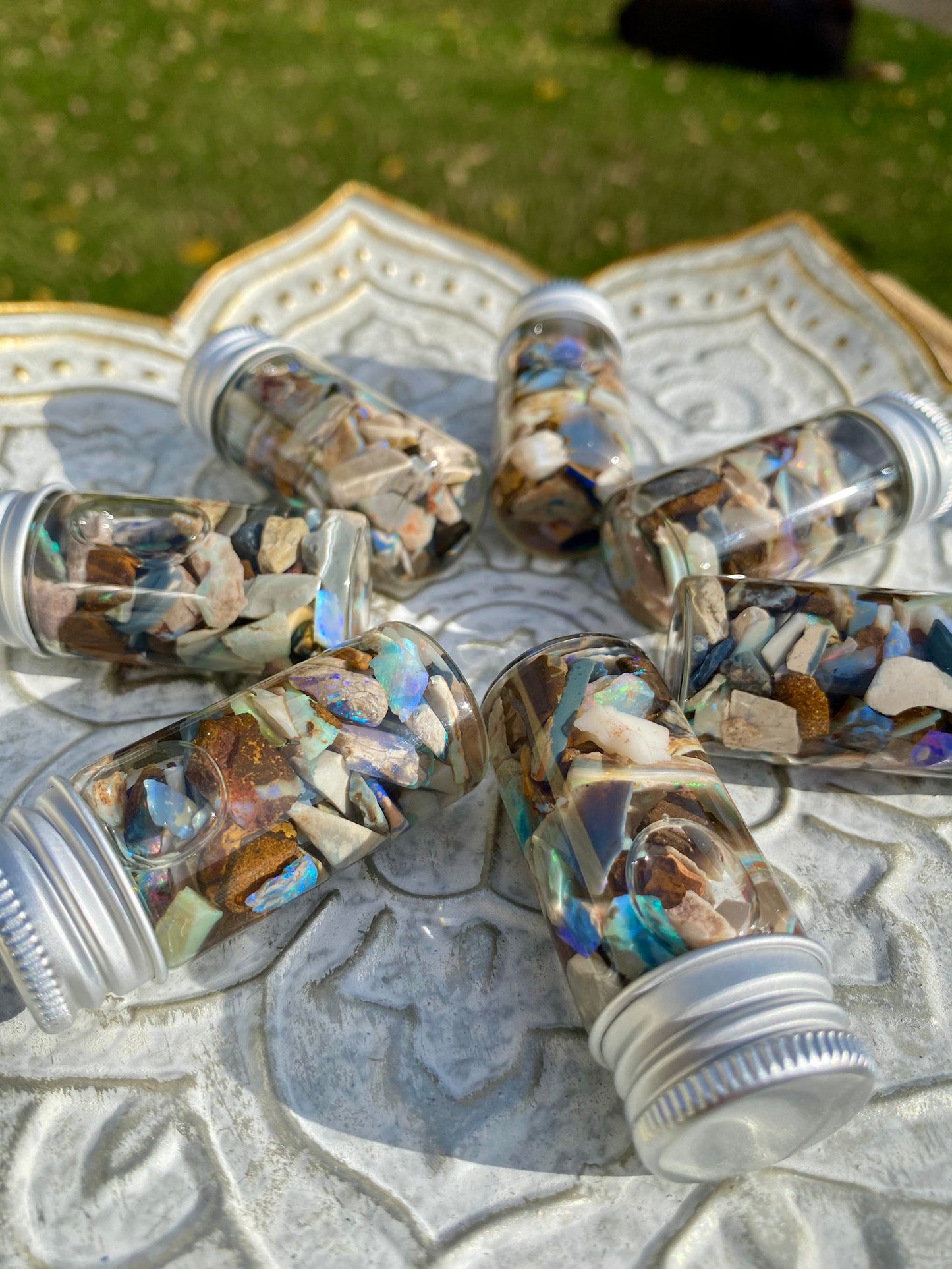 Raw Australian Opal Chips - 10 ml or 5 ml glass vial. Mix in resin and make jewellery. Make raw wire wrapped pendants, or cut, sand and polish for high end jewellery.