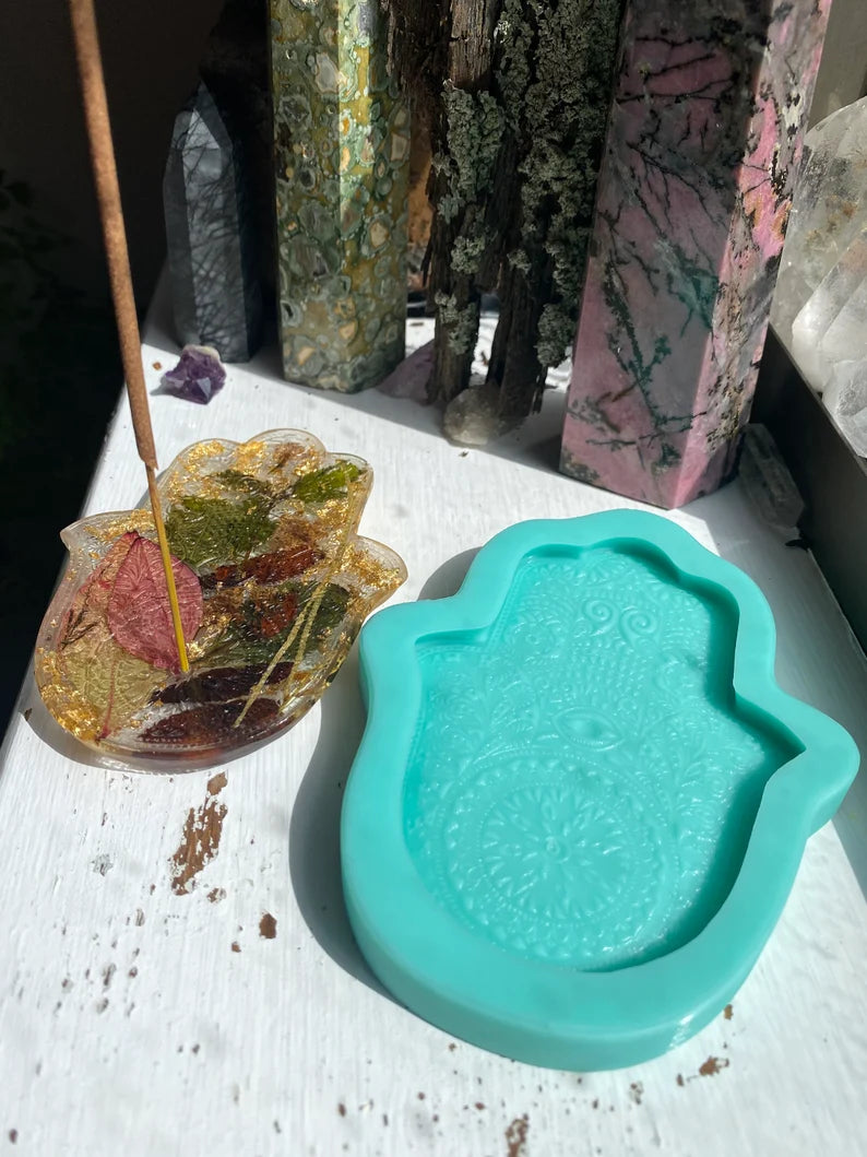 Handmade Silicone Mould Mandala pattern Hamsa Hand with protection eye. Shallow Trinket Dish/Incense Holder