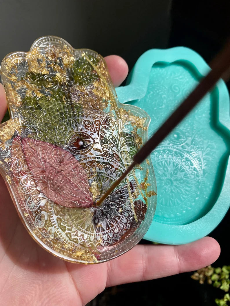Handmade Silicone Mould Mandala pattern Hamsa Hand with protection eye. Shallow Trinket Dish/Incense Holder